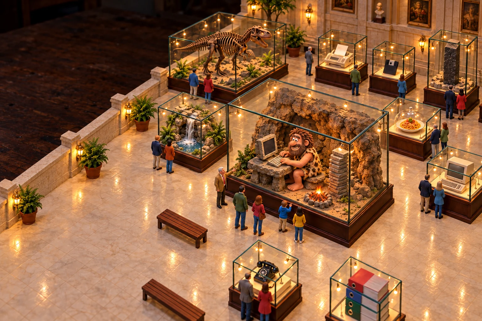 A 1:87 scale museum model: a smiling plasticine caveman types at a stone desk inside a glass display case, an old computer showing red and green lines of code, while tiny visitors watch from the hall.